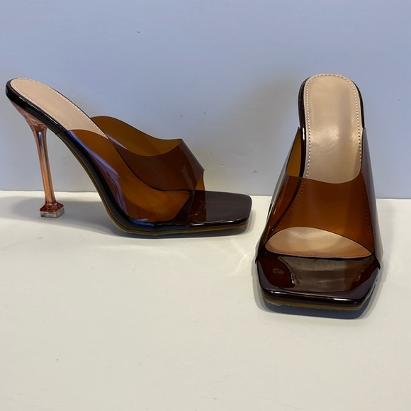 Sexy Translucent Brown Heels Mule with Wide Base Heel - Picture 1 of 4